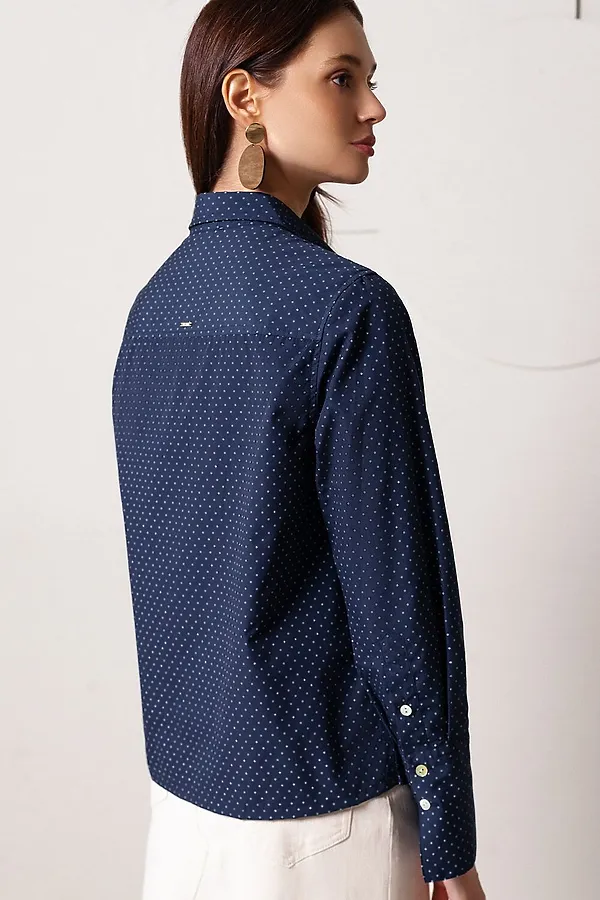Блузка свободного силуэта в мелкий горошек из эластичного хлопка VILATTE, темно-синий - фото 2
