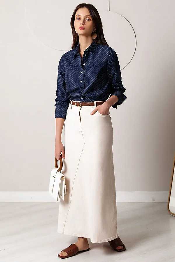 Блузка свободного силуэта в мелкий горошек из эластичного хлопка VILATTE, темно-синий - фото 2