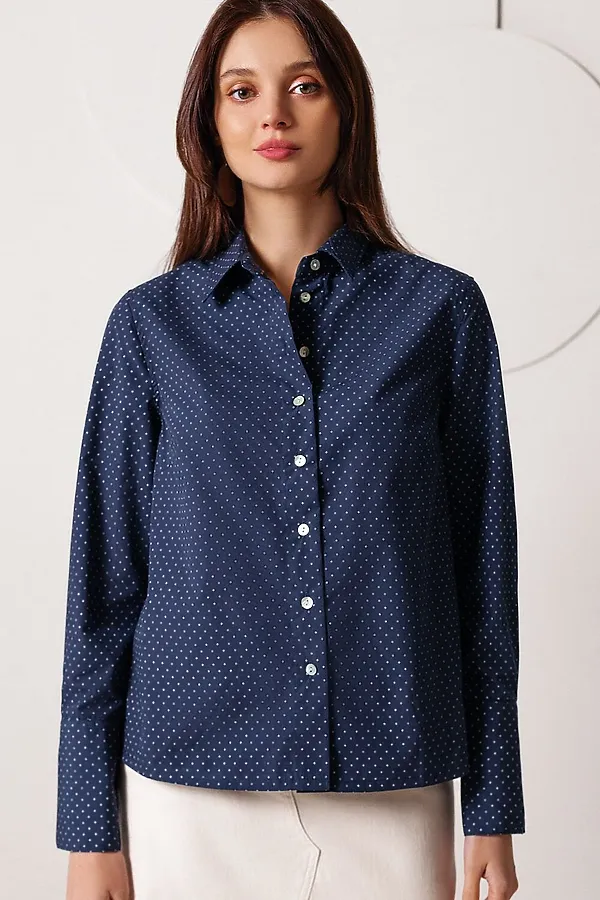 Блузка свободного силуэта в мелкий горошек из эластичного хлопка VILATTE, темно-синий - фото 2