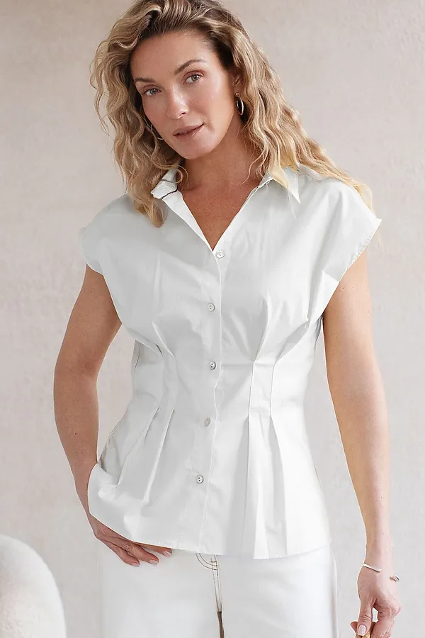 Блузка приталенного кроя с коротким рукавом из легкого хлопкового поплина VILATTE, белый - фото 2