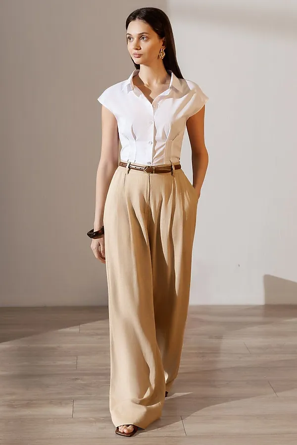 Блузка приталенного кроя с коротким рукавом из легкого хлопкового поплина VILATTE, белый - фото 2