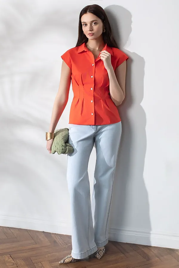 Блузка приталенного кроя с коротким рукавом из легкого хлопкового поплина VILATTE, коралловый - фото 2