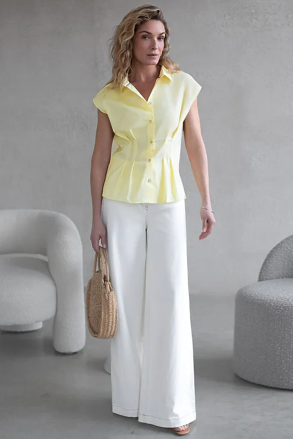 Блузка приталенного кроя с коротким рукавом из легкого хлопкового поплина VILATTE, лимонный - фото 2