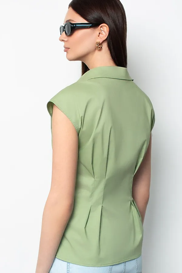 Блузка приталенного кроя с коротким рукавом из легкого хлопкового поплина VILATTE, оливковый - фото 2