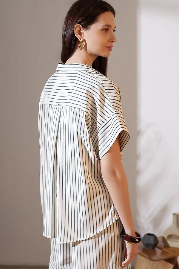 Блузка в полоску с цельнокроеным коротким рукавом из легкого хлопкового поплина VILATTE, молочный-синий - фото 2