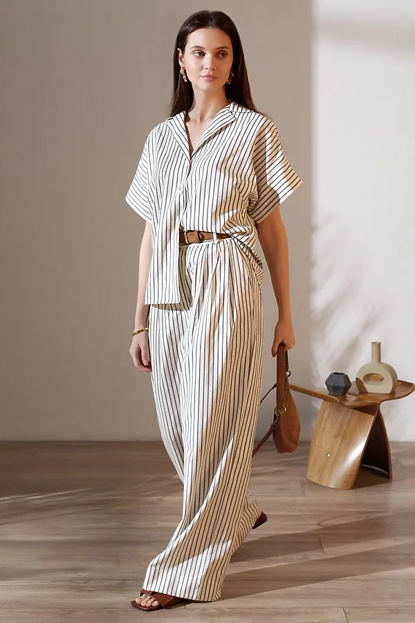 Блузка в полоску с цельнокроеным коротким рукавом из легкого хлопкового поплина VILATTE, молочный-синий - фото 2