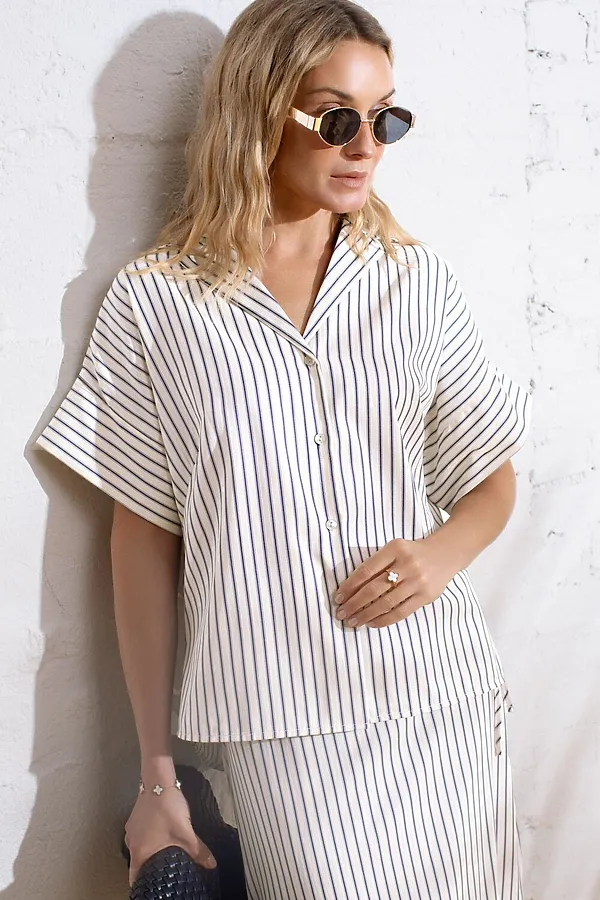Блузка в полоску с цельнокроеным коротким рукавом из легкого хлопкового поплина VILATTE, молочный-синий - фото 2