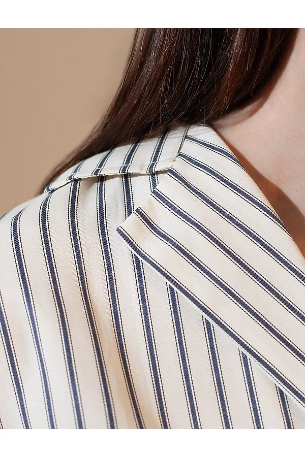 Блузка в полоску с цельнокроеным коротким рукавом из легкого хлопкового поплина VILATTE, молочный-синий - фото 2