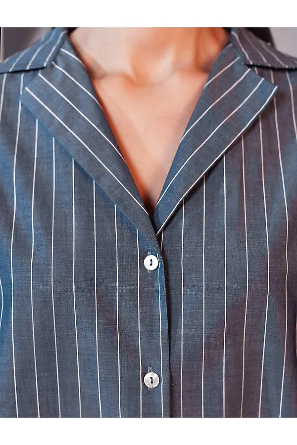 Блузка в полоску с цельнокроеным коротким рукавом из легкого хлопкового поплина VILATTE, серо-синий - фото 2