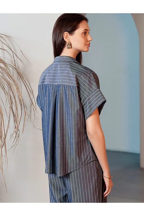Блузка в полоску с цельнокроеным коротким рукавом из легкого хлопкового поплина VILATTE, серо-синий - фото 2