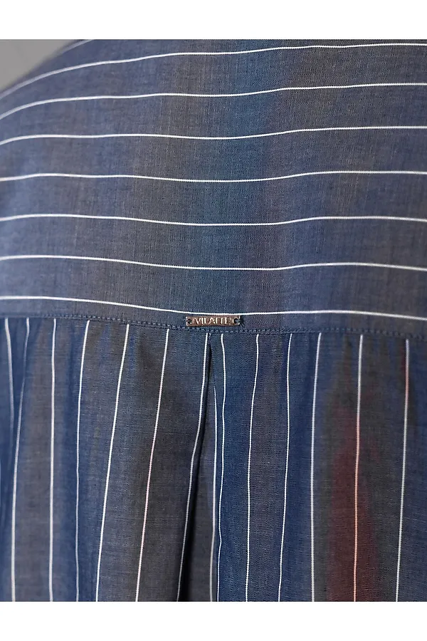 Блузка в полоску с цельнокроеным коротким рукавом из легкого хлопкового поплина VILATTE, серо-синий - фото 2