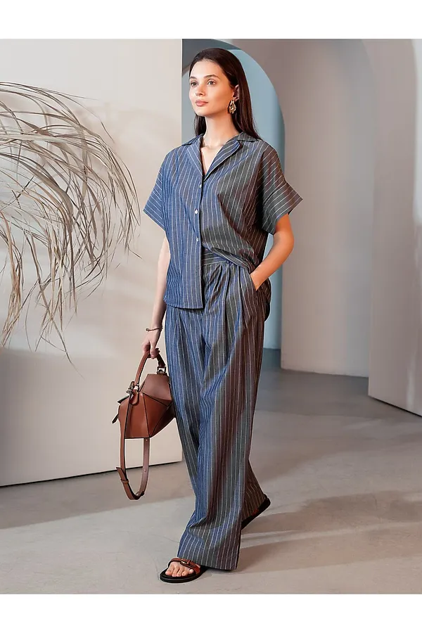 Блузка в полоску с цельнокроеным коротким рукавом из легкого хлопкового поплина VILATTE, серо-синий - фото 2