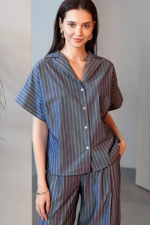 Блузка в полоску с цельнокроеным коротким рукавом из легкого хлопкового поплина VILATTE, серо-синий - фото 2