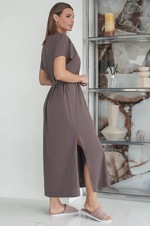 Платье свободное с V-вырезом из 100% хлопка с поясом и разрезом VILATTE, кофейный - фото 2