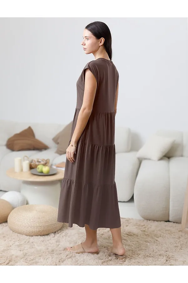 Ярусное платье А силуэта с V вырезом из 100% премиального хлопка VILATTE, кофе - фото 2