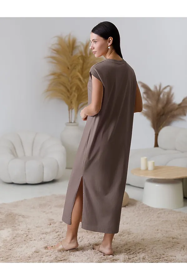 Длинное прямое платье с разрезами из 100% хлопка VILATTE, кофе - фото 2