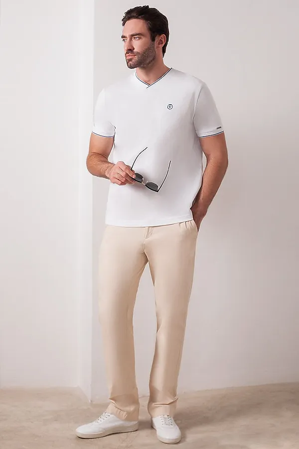 Футболка с V-вырезом из премиального хлопка с эластаном VILATTE, белый с полосой - фото 2