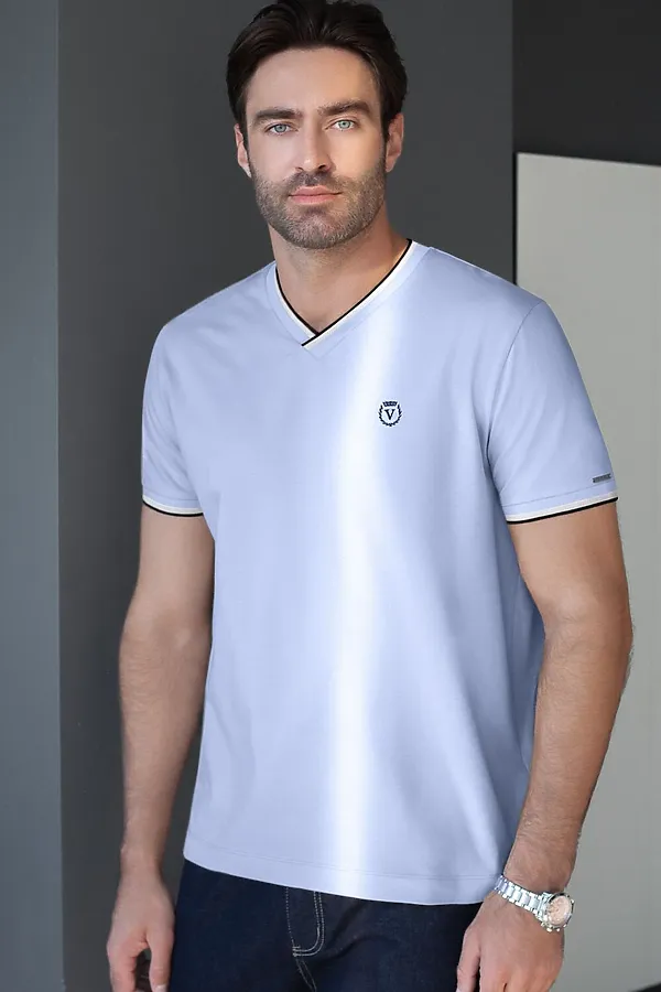 Футболка с V-вырезом из премиального хлопка с эластаном VILATTE, голубой - фото 2