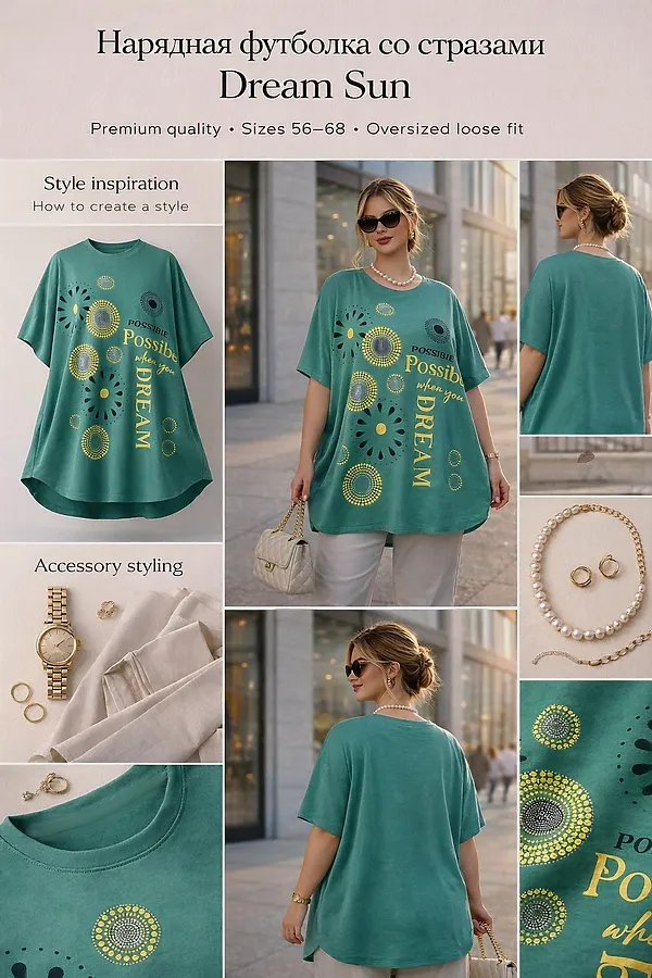 Футболка со стразами Dream Sun арт. F9702 НАТАЛИ, бирюзовый - фото 2