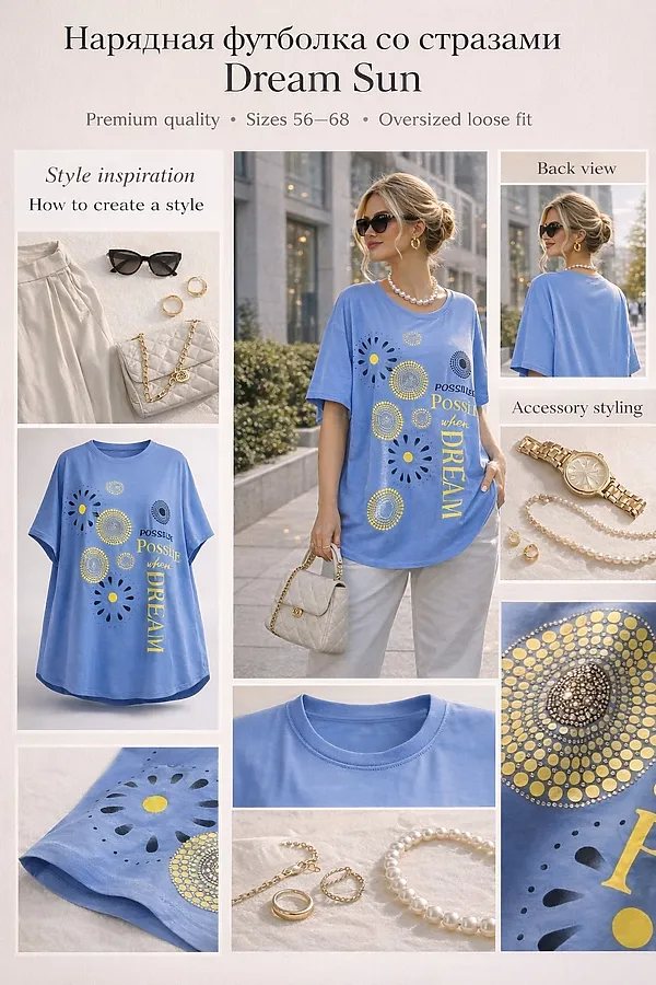 Футболка со стразами Dream Sun арт. F9702 НАТАЛИ, голубой - фото 2