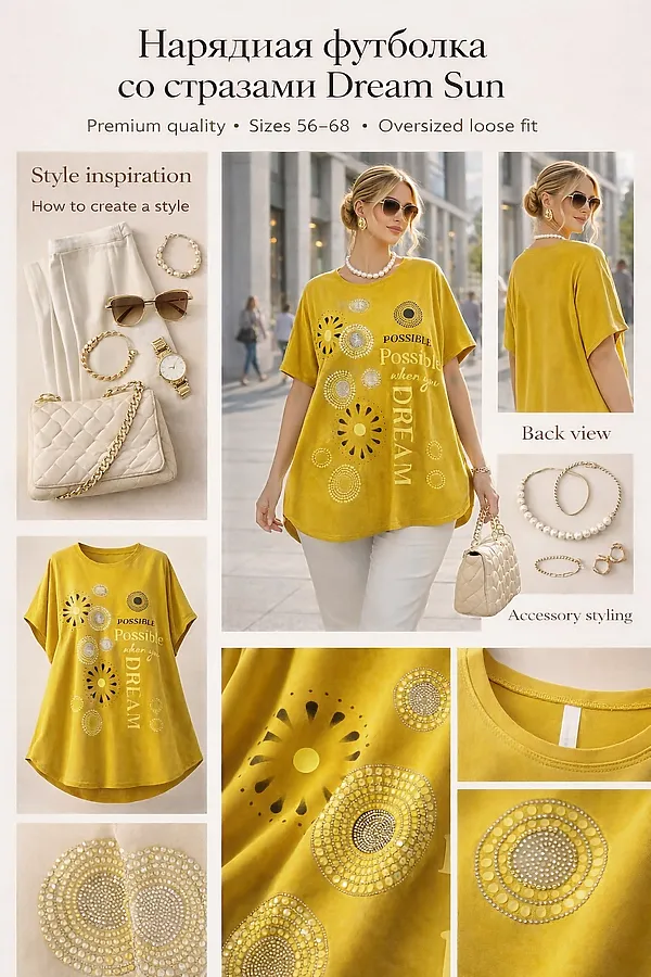 Футболка со стразами Dream Sun арт. F9702 НАТАЛИ, горчичный - фото 2