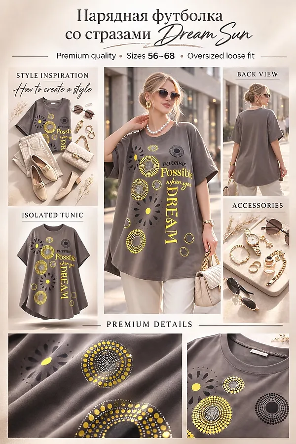 Футболка со стразами Dream Sun арт. F9702 НАТАЛИ, серый - фото 2