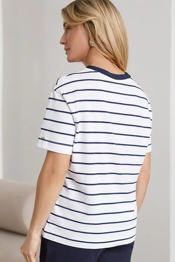 Свободная футболка в полоску из премиального хлопка с эластаном VILATTE, белый-т.синий - фото 2