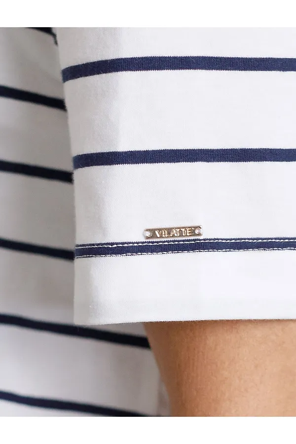 Свободная футболка в полоску из премиального хлопка с эластаном VILATTE, белый-т.синий - фото 2