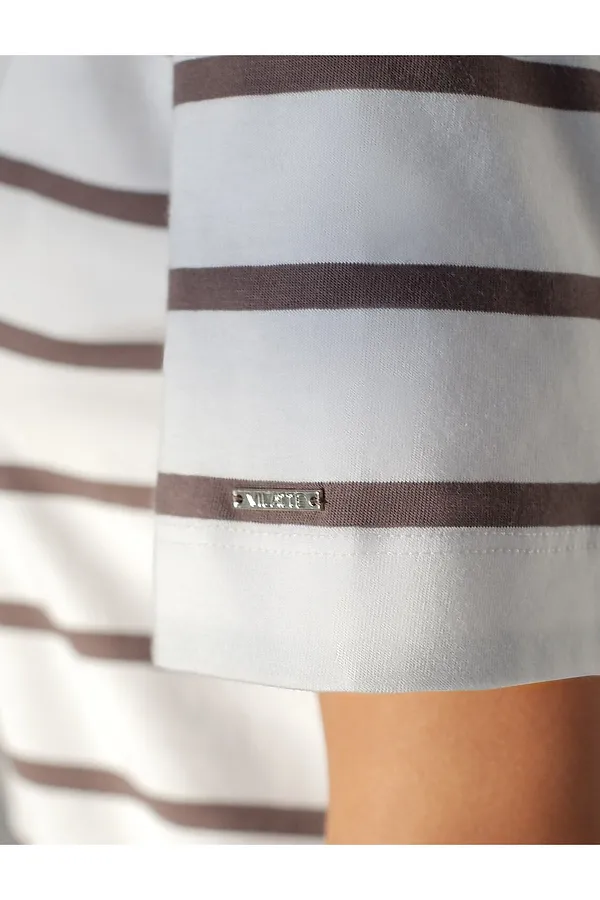 Свободная футболка в широкую полоску с принтом из премиального хлопка с эластаном VILATTE, белый-кофе_be different - фото 2