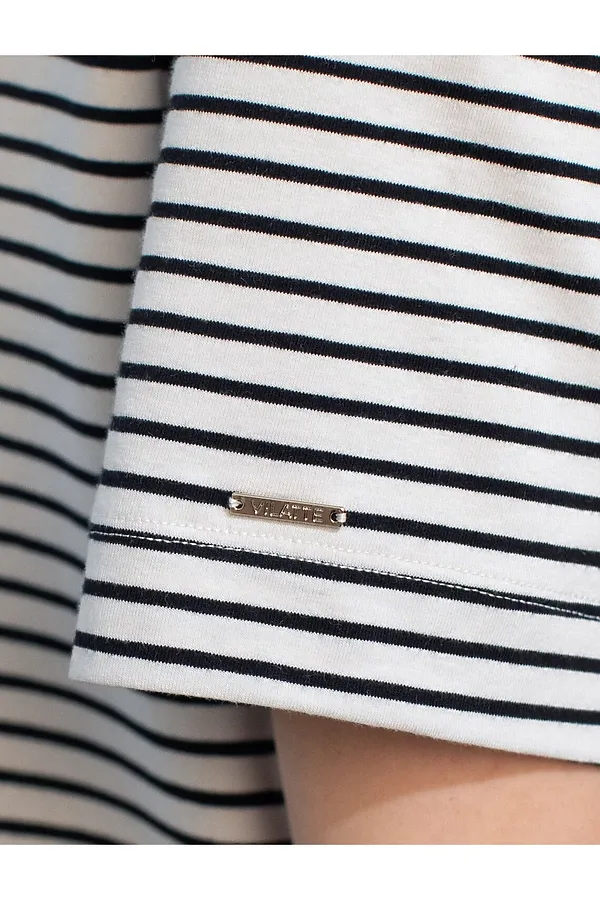 Свободная футболка в черно-белую полоску с принтом из премиального хлопка с эластаном VILATTE, белый-черный_be different - фото 2