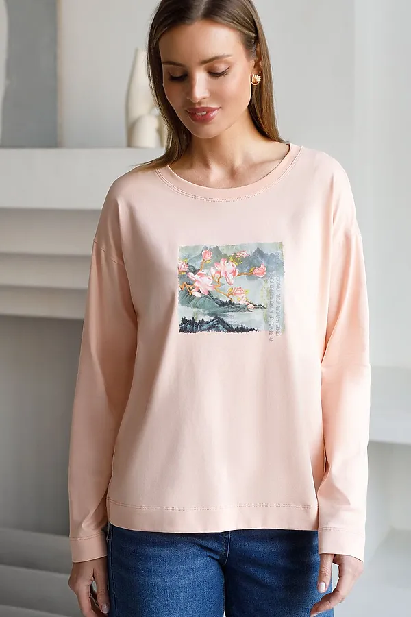 Лонгслив с принтом из премиального хлопка с эластаном VILATTE, пудра_пейзаж - фото 2