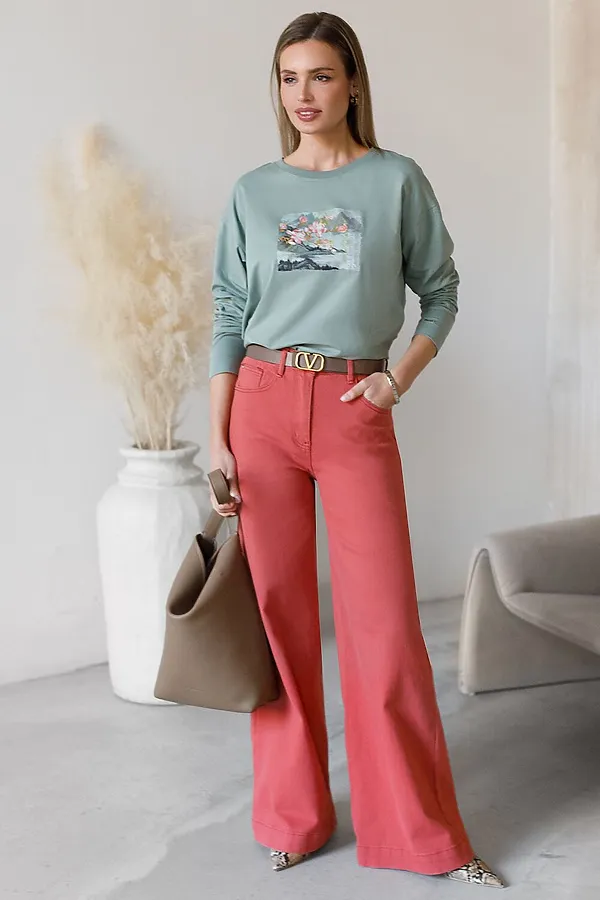 Лонгслив с принтом из премиального хлопка с эластаном VILATTE, св.оливковый_пейзаж - фото 2