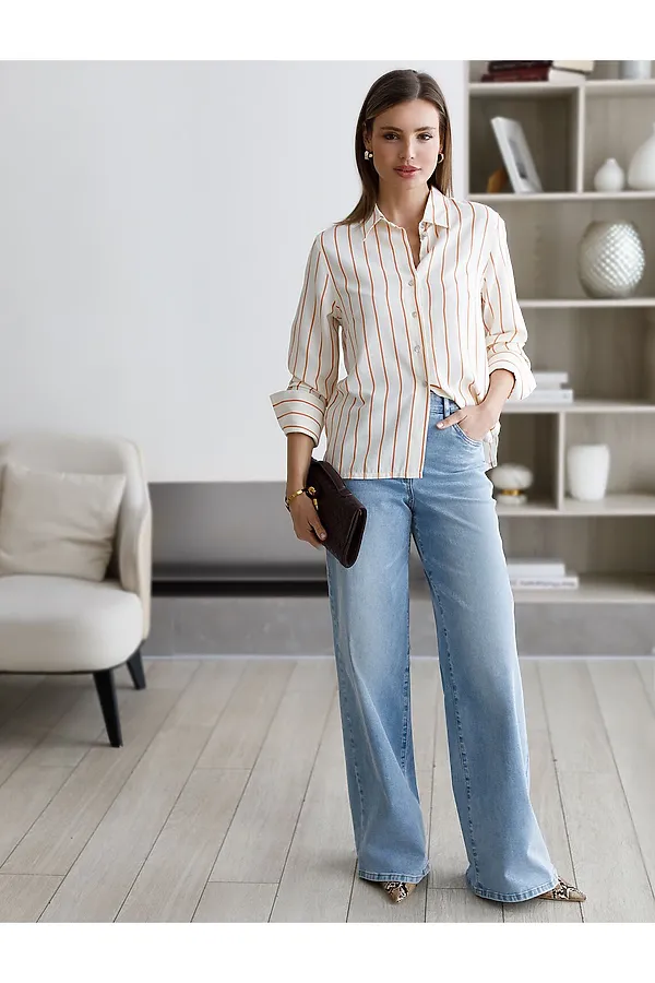 Джинсы трубы с декоративной стиркой из эластичного плотного денима VILATTE, голубой - фото 2