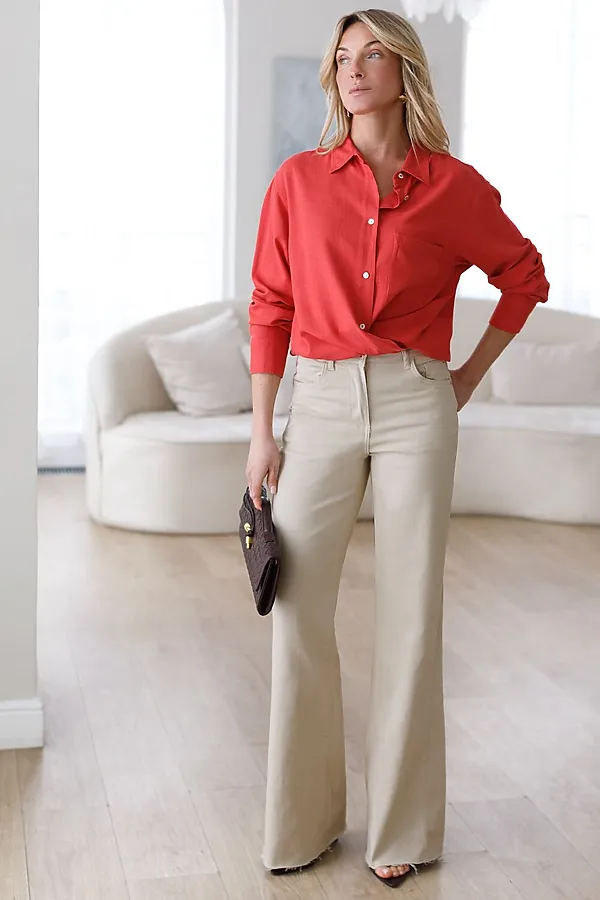 Джинсы клеш с прорезями и необработанным краем из эластичного денима средней плотности VILATTE, бежевый - фото 2