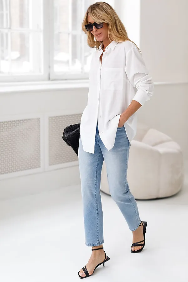 Укороченные джинсы c декоративной стиркой из эластичного плотного денима VILATTE, голубой - фото 2