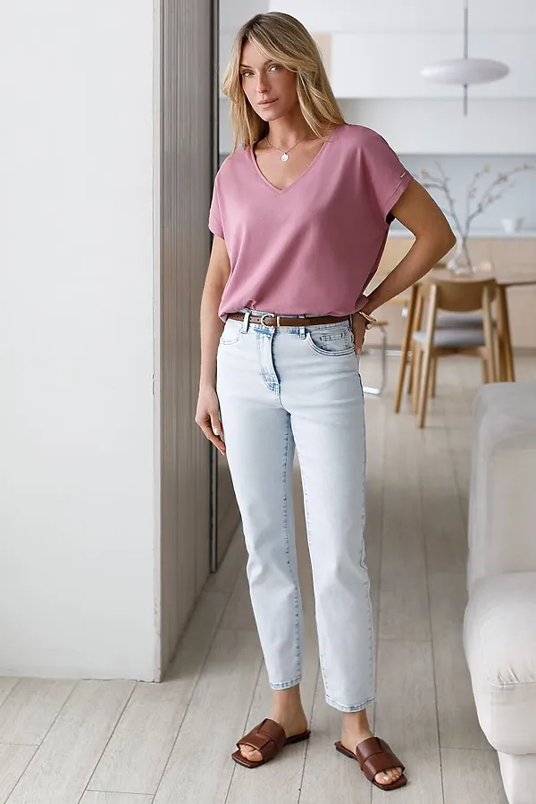 Укороченные джинсы c декоративной стиркой из эластичного плотного денима VILATTE, светло-голубой - фото 2