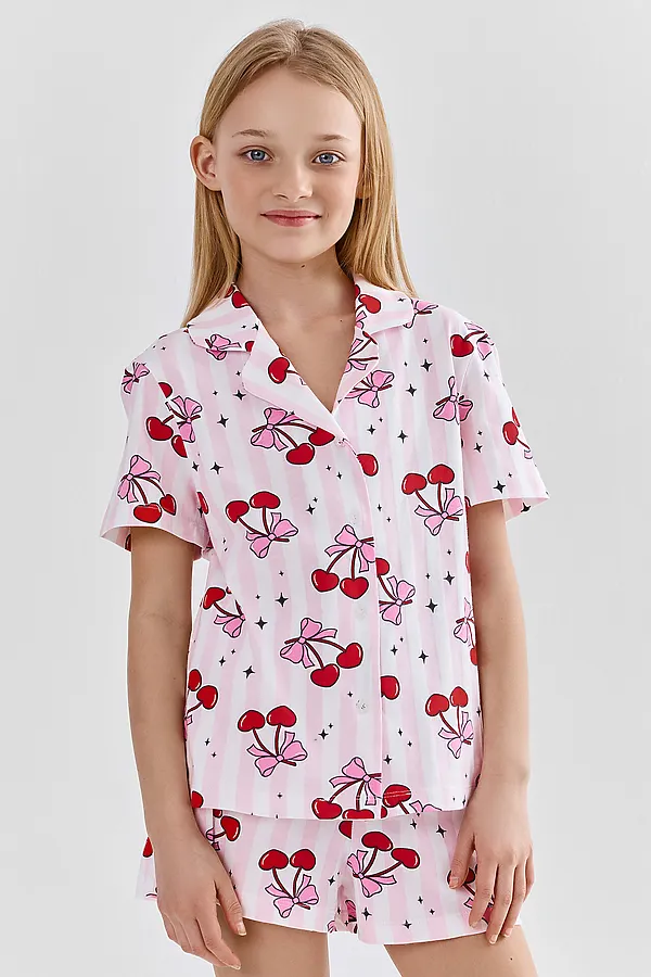 Комплект для девочек (рубашка, шорты) MARK FORMELLE, вишенки на полоске - фото 2