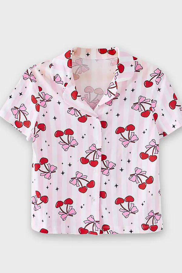 Комплект для девочек (рубашка, шорты) MARK FORMELLE, вишенки на полоске - фото 2