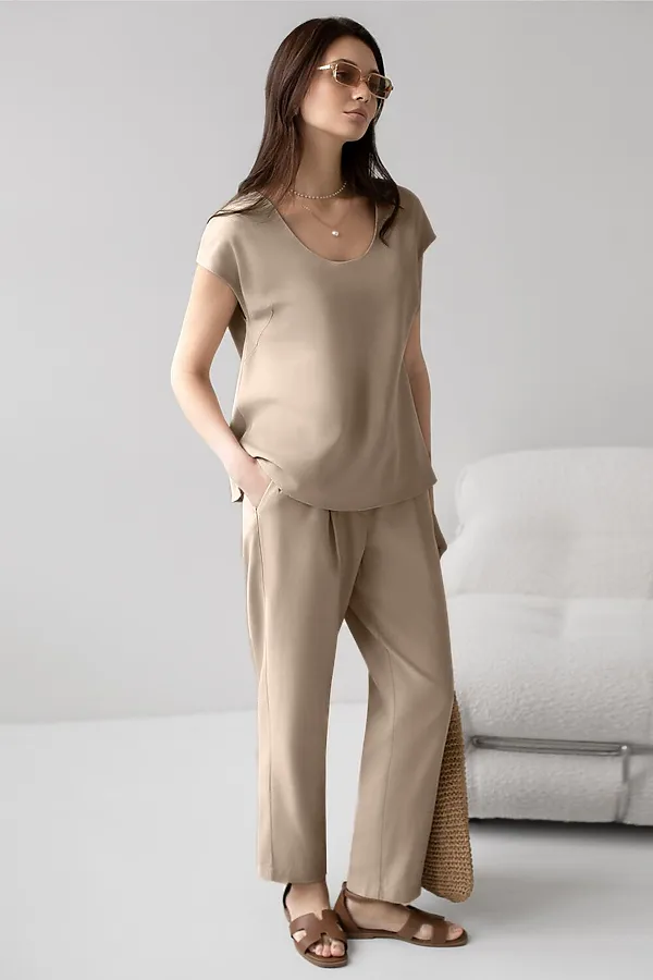 Брюки бананы с поясом на резинке из плотного лиоцелла VILATTE, светло-бежевый - фото 2