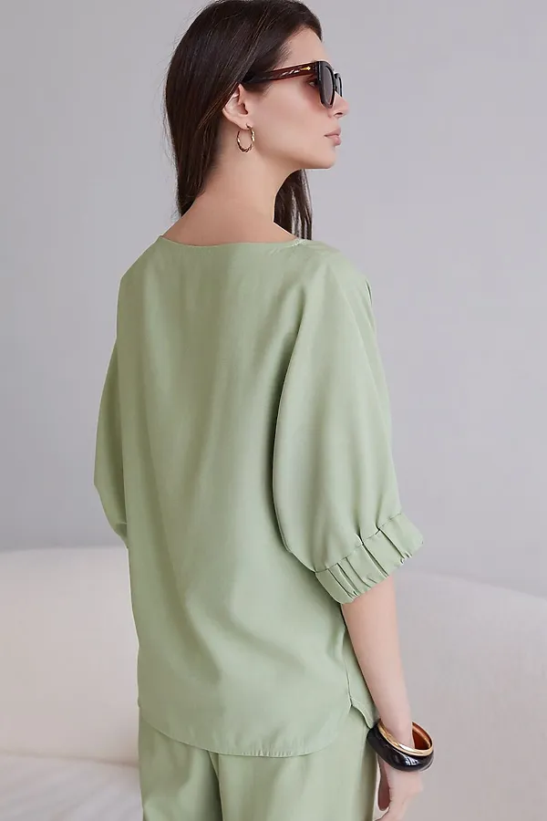 Свободная блузка с вырезом лодочка из плотного лиоцелла VILATTE, зеленый чай - фото 2