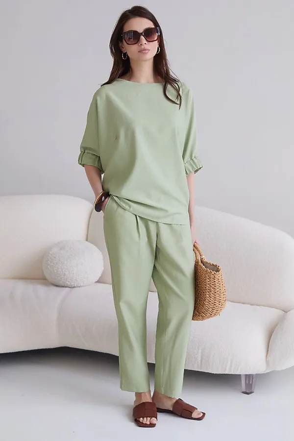 Свободная блузка с вырезом лодочка из плотного лиоцелла VILATTE, зеленый чай - фото 2