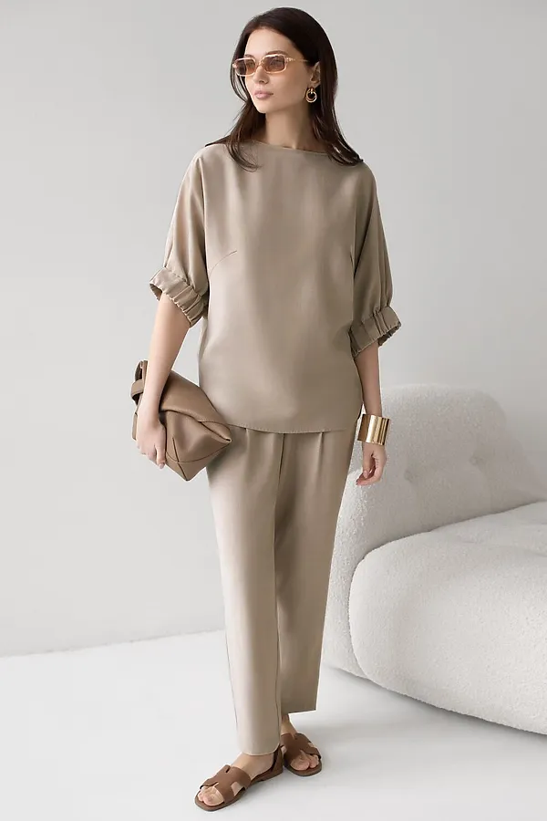 Свободная блузка с вырезом лодочка из плотного лиоцелла VILATTE, светло-бежевый - фото 2