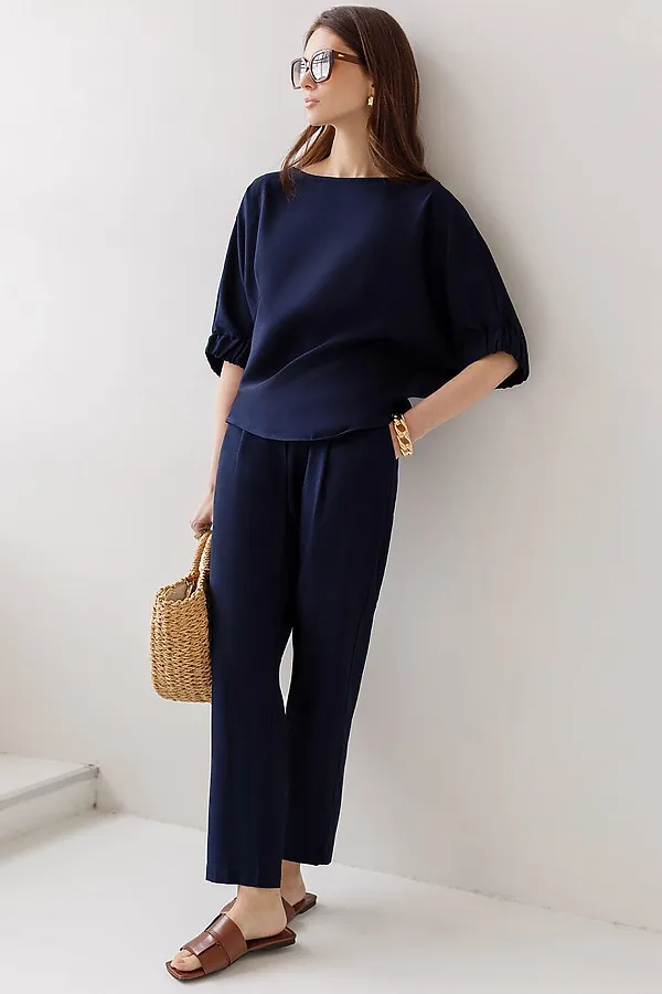 Свободная блузка с вырезом лодочка из плотного лиоцелла VILATTE, темно-синий - фото 2