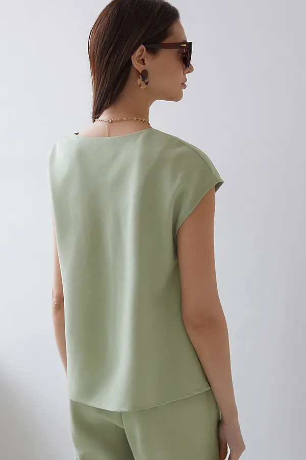 Блузка с U вырезом скроенная по косой из плотного лиоцелла VILATTE, зеленый чай - фото 2