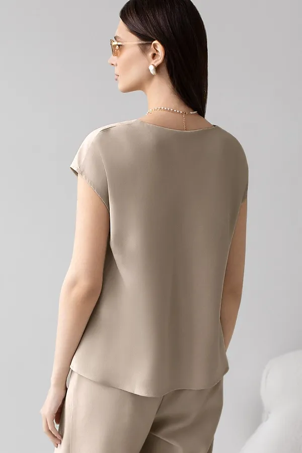 Блузка с U вырезом скроенная по косой из плотного лиоцелла VILATTE, светло-бежевый - фото 2