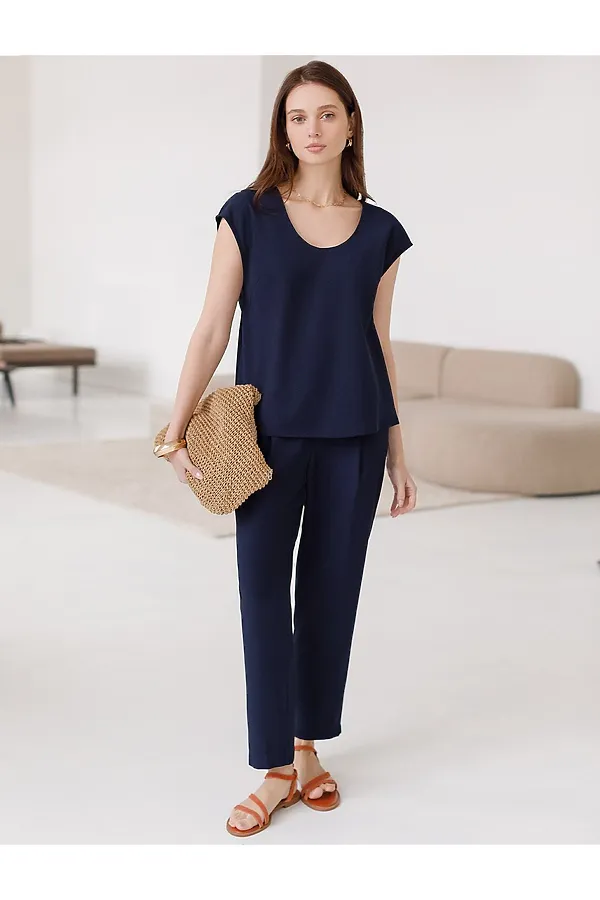 Прямые брюки с лампасами из эластичного футера двухнитки без начеса VILATTE, темно-синий - фото 2