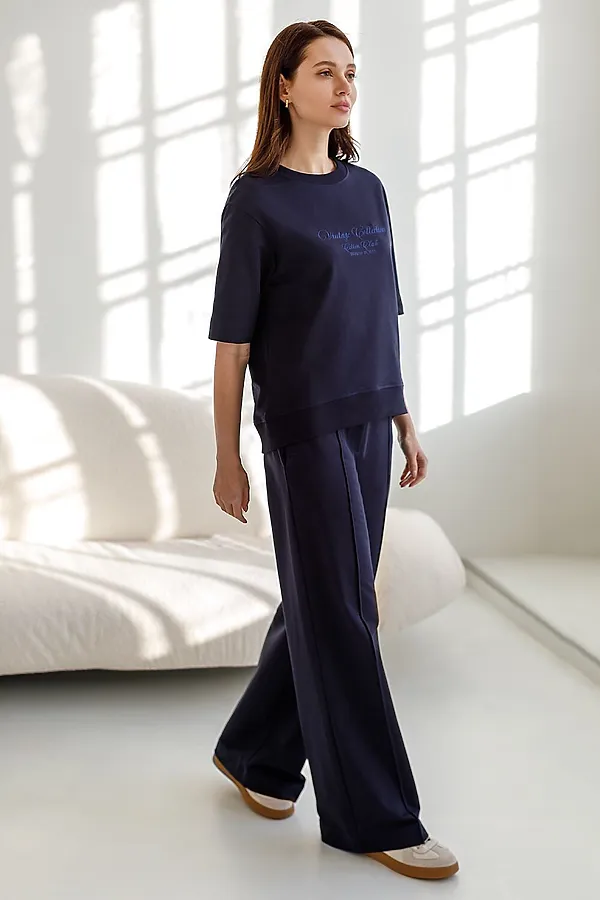 Брюки прямые со стрелками из премиального футера двухнитки с эластаном VILATTE, т.синий - фото 2