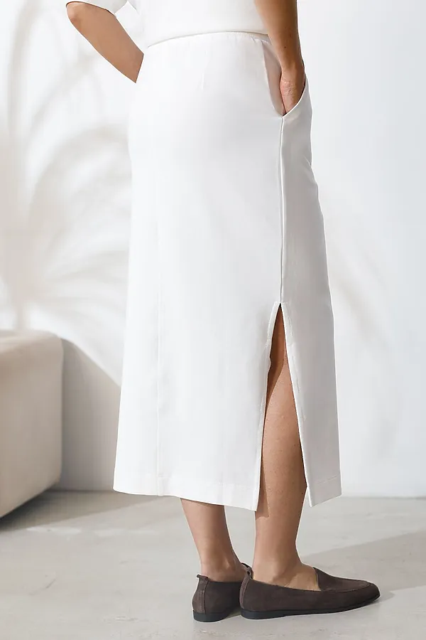 Юбка миди на резинке с разрезами из футера двухнитки с эластаном VILATTE, белый - фото 2