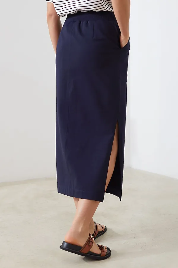 Юбка миди на резинке с разрезами из футера двухнитки с эластаном VILATTE, т.синий - фото 2