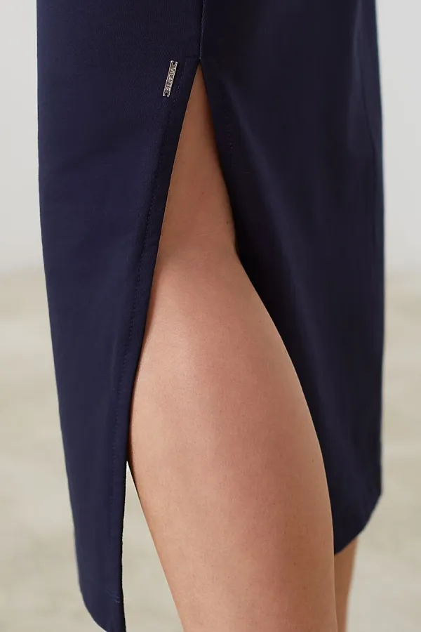 Юбка миди на резинке с разрезами из футера двухнитки с эластаном VILATTE, т.синий - фото 2